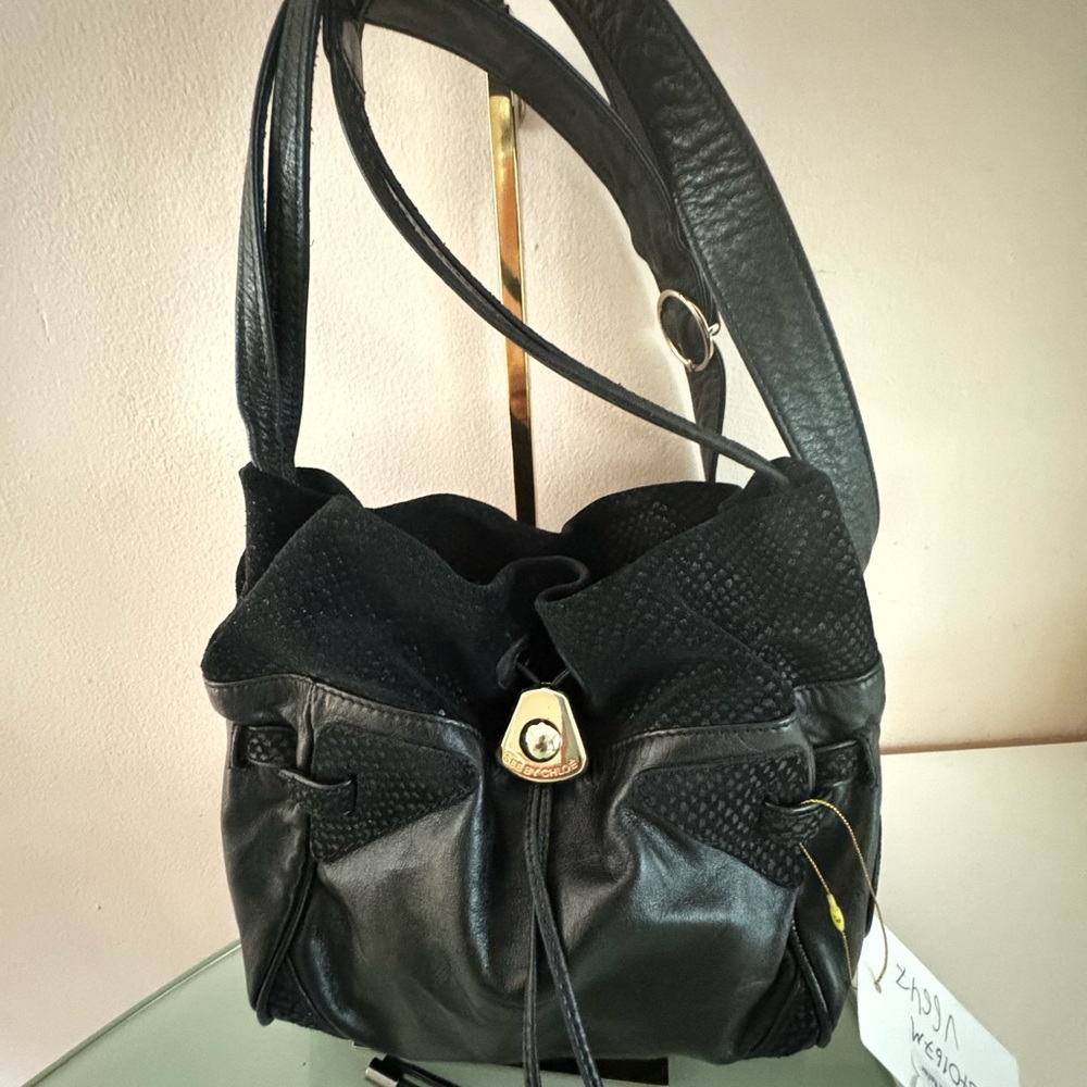 *See by Chloe* Black Leather/Suede Drawstring Adjustable Strap Crossbody Bag
